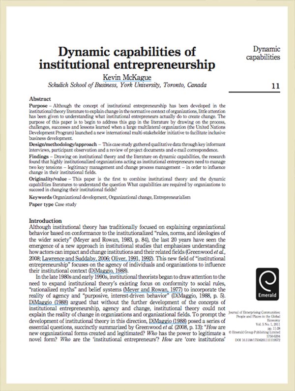 Dynamic capabilities of institutional entrepreneurship